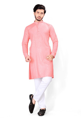 Svatantra Men Embroidered Straight Kurta(Pink)