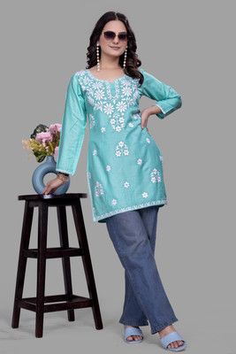 shivshakti faishon Women Chikan Embroidery A-line Kurta(Blue)