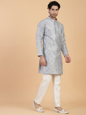 Kaashi Couture Men Embroidered Straight Kurta(Grey)