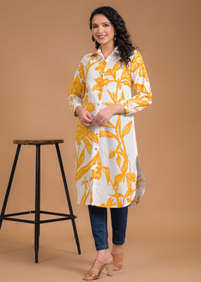 SAANWRI Women Floral Print A-line Kurta(Yellow)