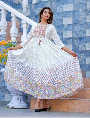Daksh Fab Women Printed, Block Print Anarkali Kurta(White)