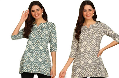 GURUFASHIONS Women Printed Straight Kurta(Green, Grey)