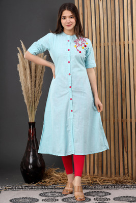 HEARTLOOM Women Embroidered A-line Kurta(Light Blue)