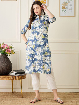 ANOUK Women Floral Print Straight Kurta(Blue)