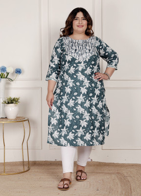 akritik Women Printed Straight Kurta(Dark Green, White)