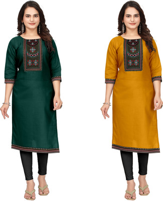 NIMIENTERPRIS Women Embroidered A-line Kurta(Dark Green, Yellow)