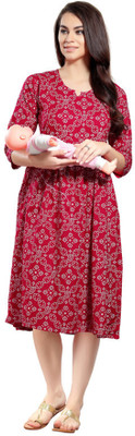 DZZO Women Printed Gown Kurta(Red, White)