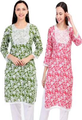 P17 Women Printed A-line Kurta(Red, Green)