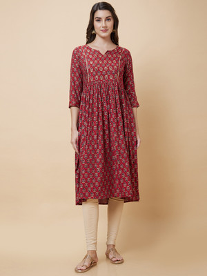 Globus Women Printed A-line Kurta(Red, Gold, Black)