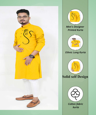 Rainbow Cloths Men Printed Ethnic Dress Kurta(Yellow)