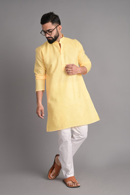 FUBAR Men Solid Straight Kurta(Yellow)