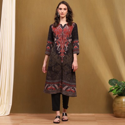 BIBA Women Printed Straight Kurta(Black)