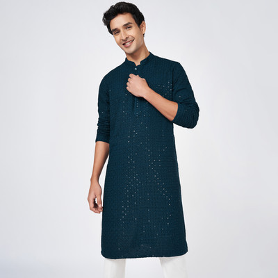 Indus Route by Pantaloons Men Chikan Embroidery A-line Kurta(Blue)