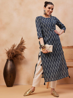 ANOUK Women Floral Print Straight Kurta(Blue)