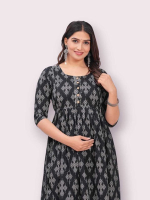 HOUSE OFF COMMON Women Printed Anarkali Kurta(Black)