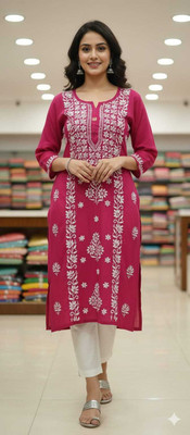 LUCKNOWI CHIKAN CRAFT Women Floral Print, Chikan Embroidery, Embroidered Straight Kurta(Pink, White)