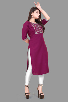 KURTIFABRIC Women Embroidered A-line Kurta(Purple)