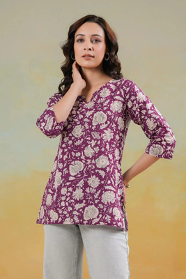 SANGOURI Women Printed Straight Kurta(Purple)