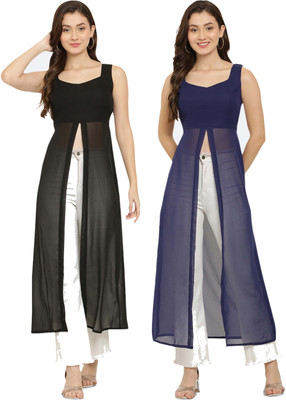 VESICLE Women Solid Frontslit Kurta(Black, Dark Blue)