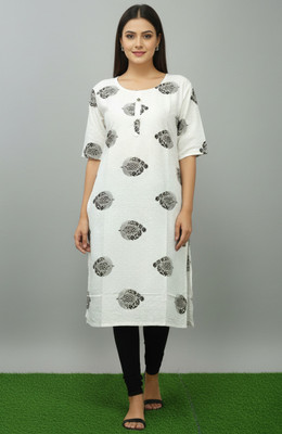Maa Kabita Garment Stores Women Printed, Block Print Straight Kurta(White)