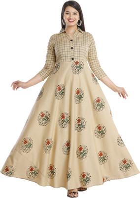 GOD DM Women Printed Anarkali Kurta(Beige)