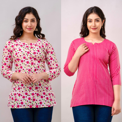 VROEGER Women Printed Straight Kurta(Pink)