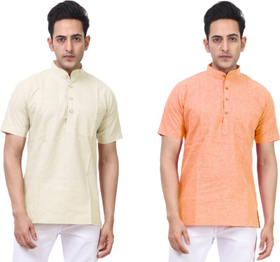 LAHSUAK Men Solid Straight Kurta(Orange, Beige)