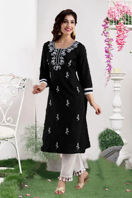 vikshi Women Chikan Embroidery Straight Kurta(Black)