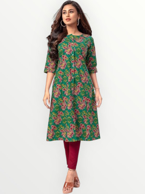 ABHI FAB Women Printed Straight Kurta(Green)