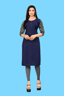 HOFC Women Solid Straight Kurta(Dark Blue)