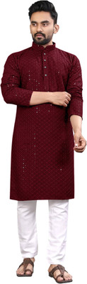 click n buy Men Embellished Straight Kurta(Maroon)