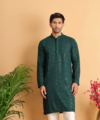 Jompers Men Embroidered Straight Kurta(Dark Green)