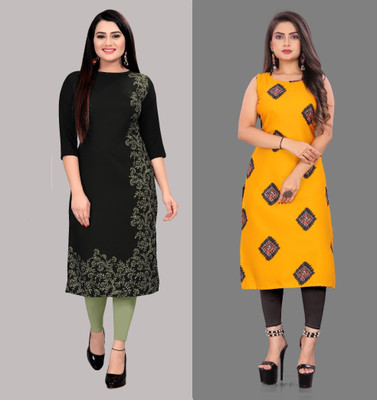 tanvi creation Women Printed Straight Kurta(Black, Yellow)