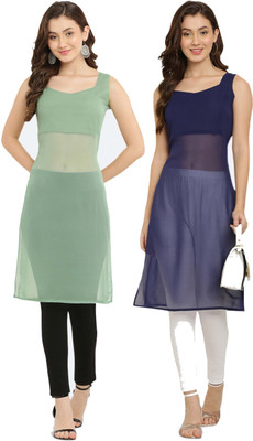 VESICLE Women Solid A-line Kurta(Light Green, Dark Blue)
