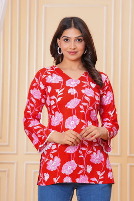 JIYACREATION Women Printed Cape Top Kurta(Red)