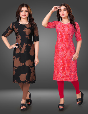 MOBHISA Women Printed Straight Kurta(Pink)