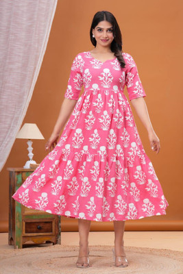 ranisa Women Printed, Floral Print Flared Kurta(Pink, White)