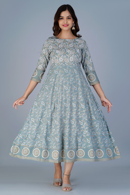 RAJENTERPRISES Women Block Print Gown Kurta(Grey)