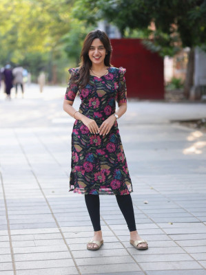 Styleva Women Floral Print, Printed Straight Kurta(Black)