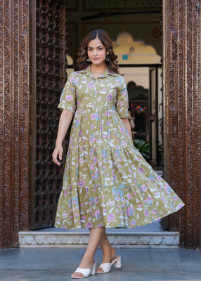 SIYAFABKURTI Women Fit and Flare Beige, Light Green Midi/Calf Length Dress