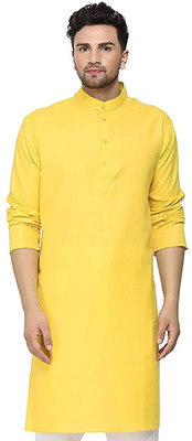OORA Men Solid Straight Kurta(Yellow)