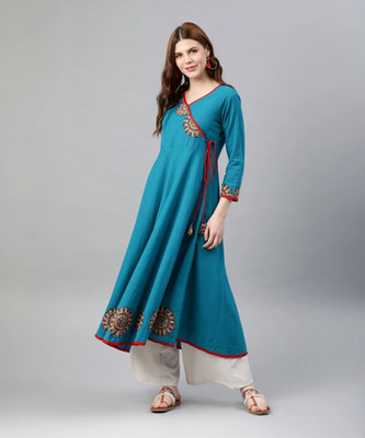 Yash Gallery Women Printed Flared Kurta(Light Blue)