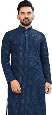 SONBAI Men Embroidered, Chikan Embroidery A-line Kurta(Blue)