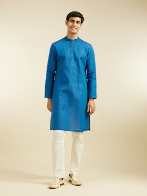 DIWAS by Manyavar Men Printed Straight Kurta(Blue)