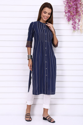 Aurelia Women Striped Straight Kurta(Blue)