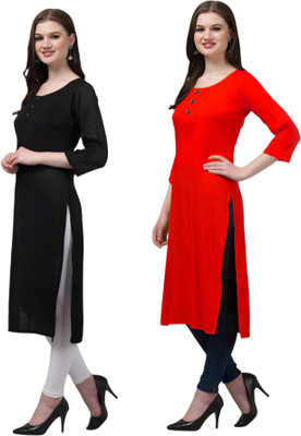 Coft Women Solid Straight Kurta(Black, Red)