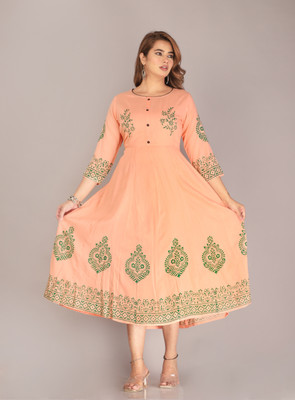 Priyagini Women Block Print Anarkali Kurta(Orange)