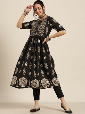 ANOUK Women Printed Anarkali Kurta(Black)