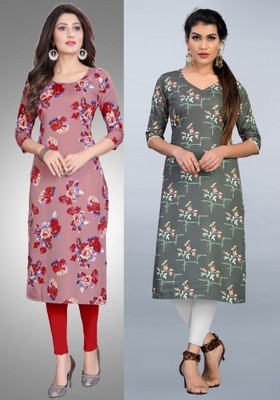 maruti fab Women Striped, Printed Straight Kurta(Grey, Pink)