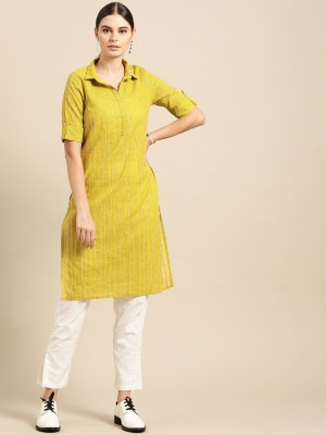 ANOUK Women Striped Straight Kurta(Yellow)